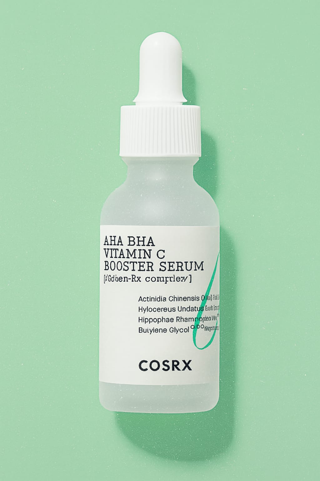 COSRX AHA BHA Vitamin C Booster Serum on mint green background
