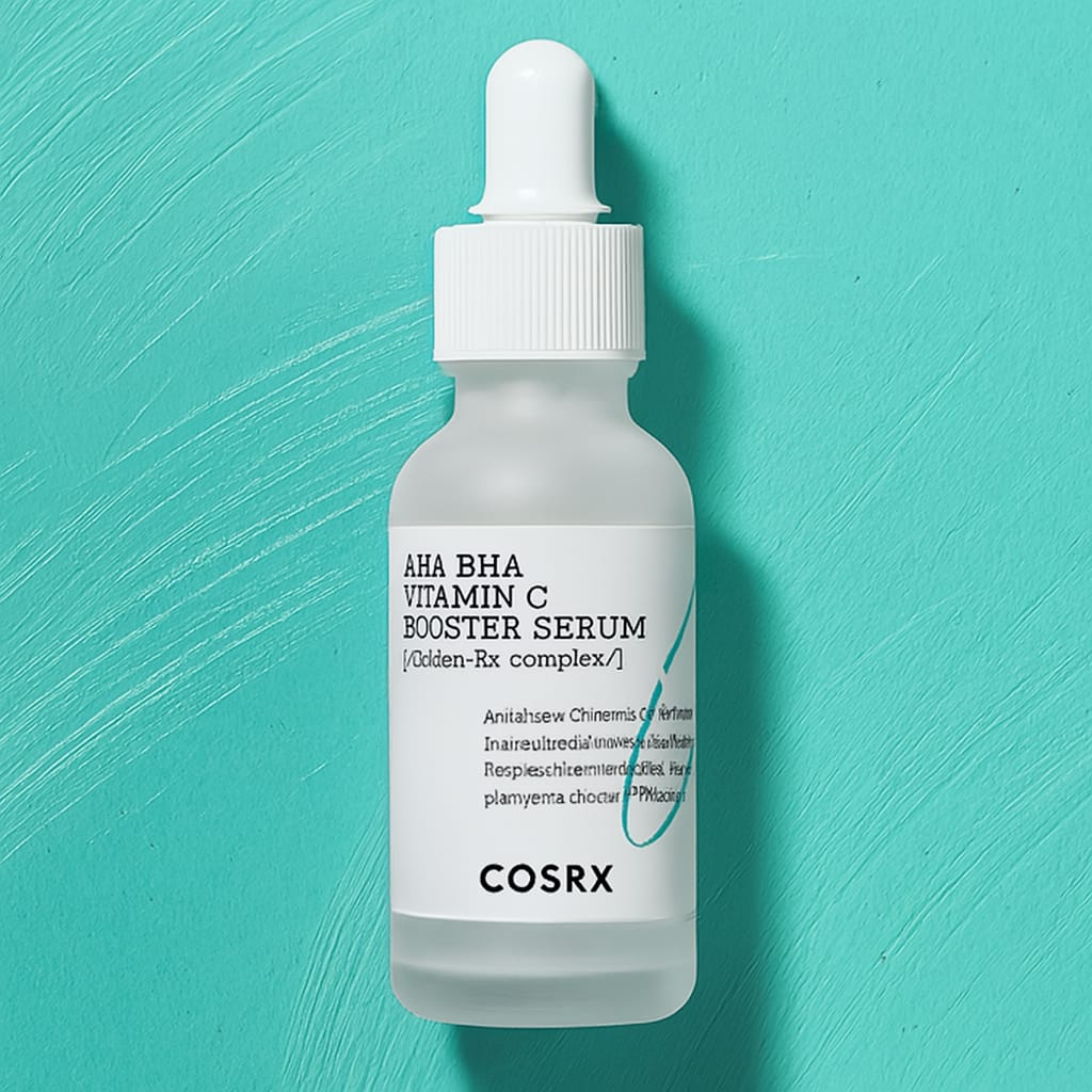 COSRX AHA BHA Vitamin C Booster Serum on turquoise background